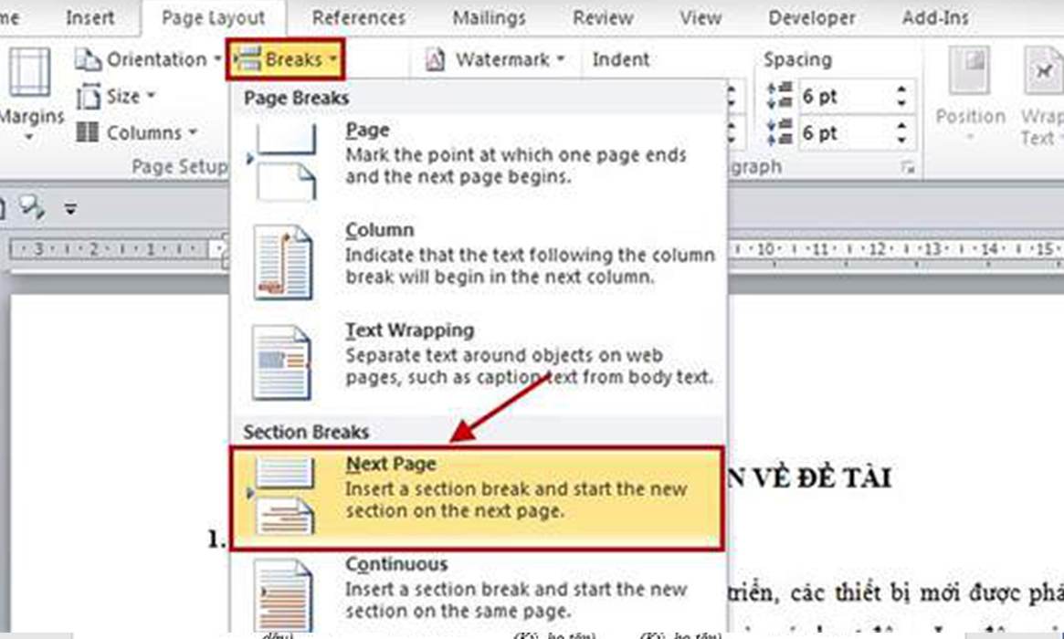 Next Page tách văn bản thành 2 Section