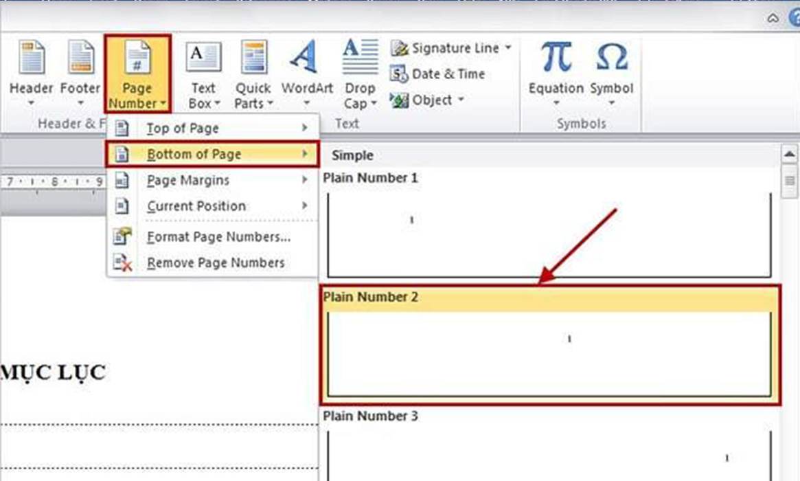 Cách đánh số trang theo Bottom of Page Plain Number 2
