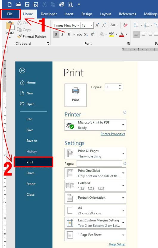 Cách thiết lập in word