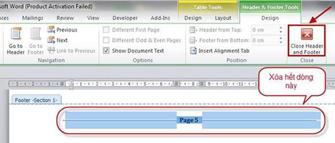 Chọn Close Header and Footer