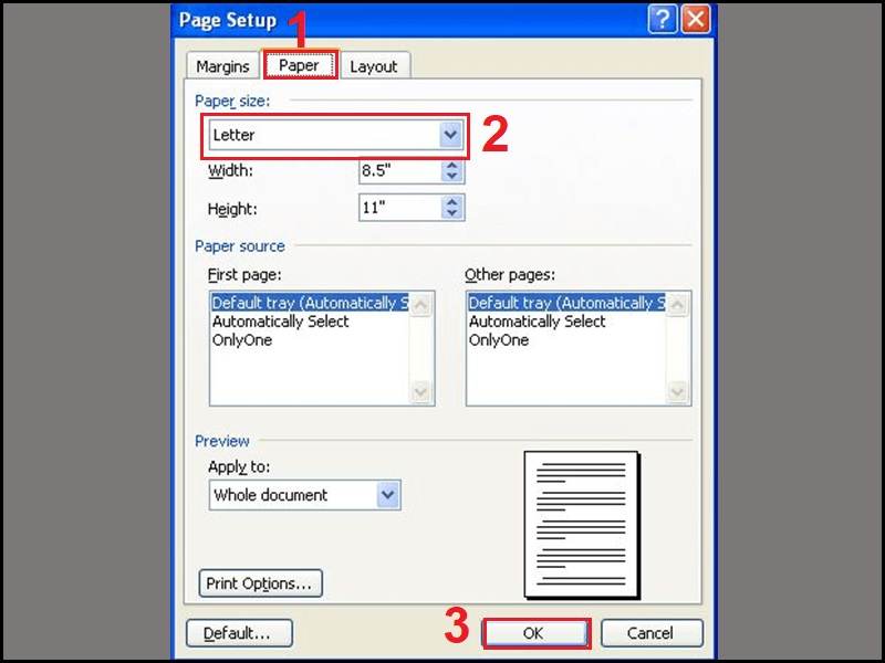 Chọn kích thước khổ giấy a4 để in trong word 2003