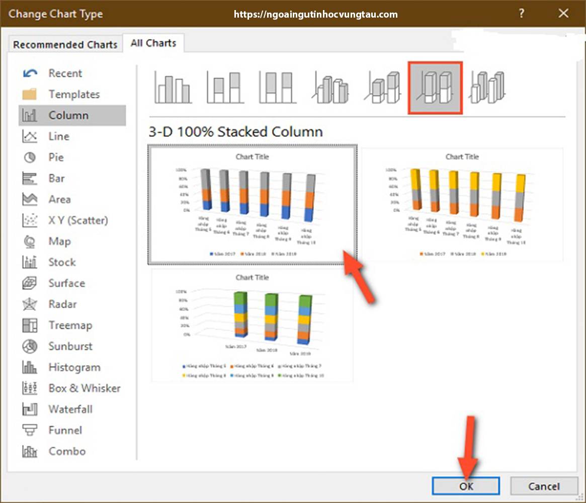 Hướng dẫn các bước vẽ biểu đồ cột trong Excel đơn giản đẹp mắt 6 Chọn kiểu biểu đồ dạng cột mới cần thay đổi